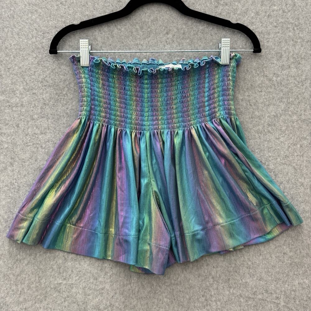 Queen of Hearts Iridescent Smocked Flowy Shorts Sz M Blue Rave Rainbow Festival